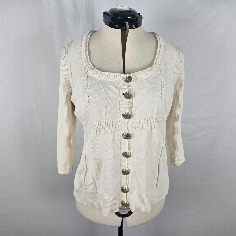 DKNY Jeans Sweater Women's XL Ivory Long Sleeves Scoop Neck Chunky Buttons